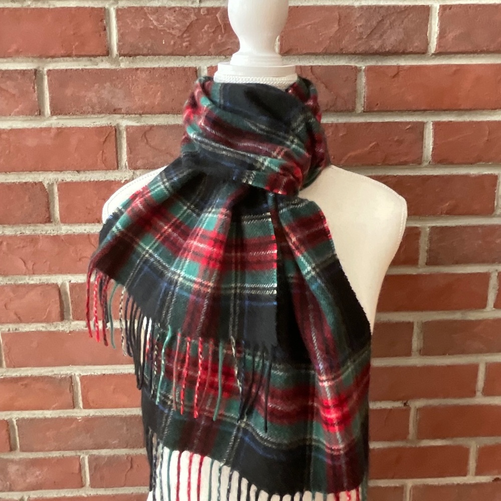 Louisa Perini 100% Cashmere Plaid Fringed Unisex Scarf 12”x66” NWOT
